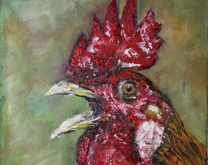 Crowing Rooster Impasto Wall Art Wall Decor Original Oil Painting 12x12 in