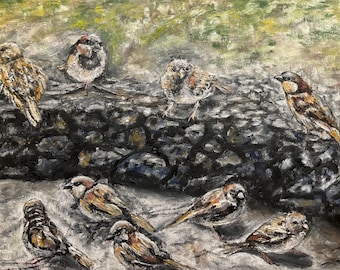 Sparrows Original Oil Painting Wall Art 16"X12"