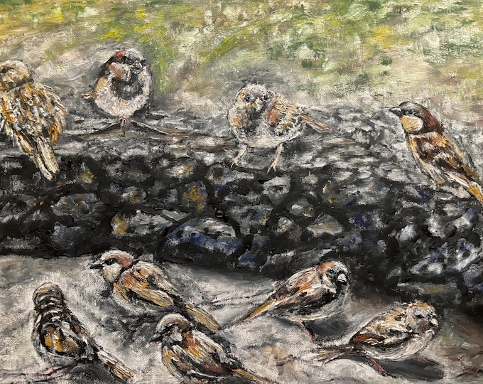 Sparrows Original Oil Painting Wall Art 16"X12"