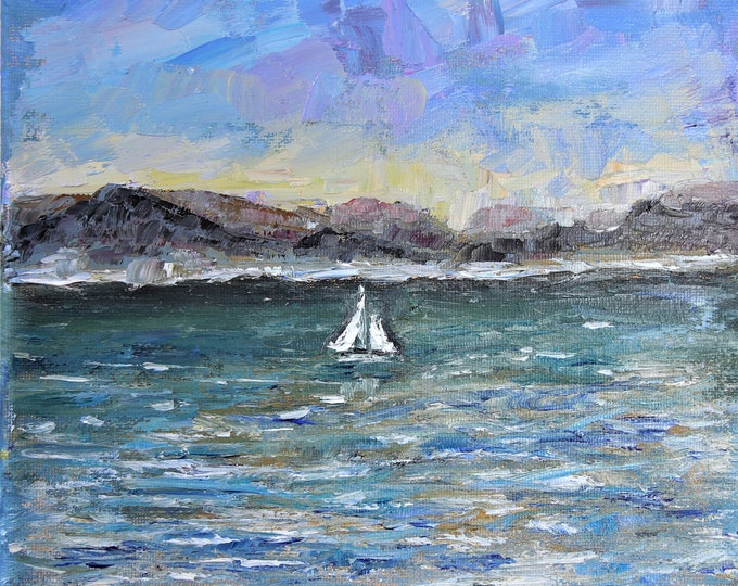 Sailboat in the Bay Impasto Wall Art Original Oil Painting 8x8 in