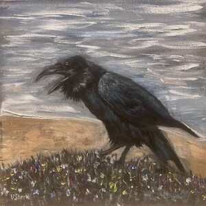 Cawing Raven Crow Wall Art Original Oil Painting 12x12 in