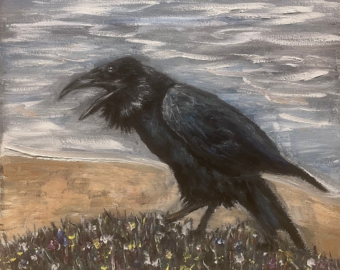 Cawing Raven Crow Wall Art Original Oil Painting 12x12 in