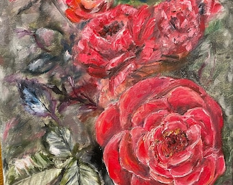 Red Roses Flowers Wall Art Original Oil Painting 12X16 in