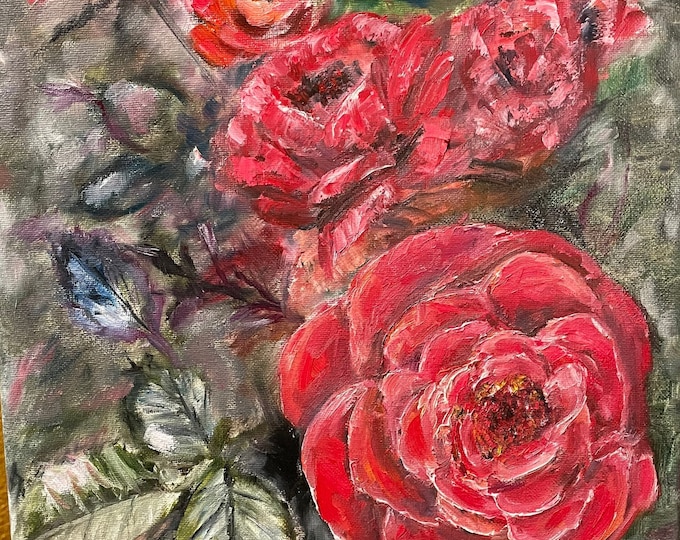 Red Roses Flowers Wall Art Original Oil Painting 12X16 in
