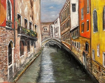 Venice Italy Winding Canal Wall Art Original Oil Painting 16 x 20 in
