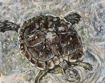 Sea Turtle Wall Art Original Oil Painting 8" X 8"