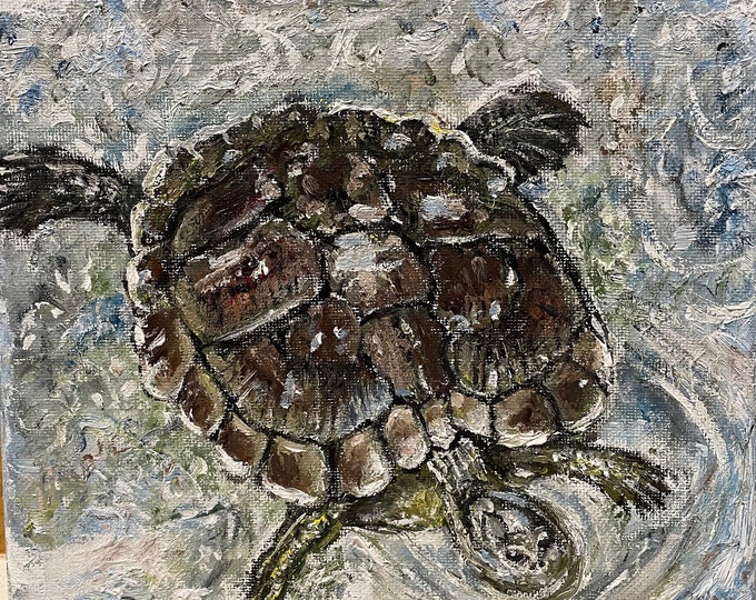 Sea Turtle Wall Art Original Oil Painting 8" X 8"