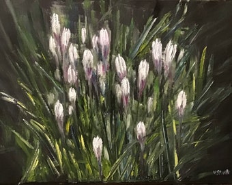 Crocuses White Spring Flowers Wall Art Original Oil Painting 16x12 in