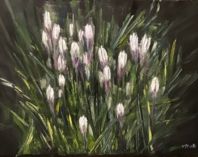 Crocuses White Spring Flowers Wall Art Original Oil Painting 16x12 in