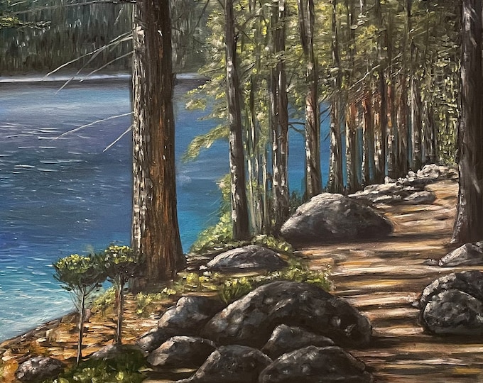 Pine Trees on Lake Tahoe Original Oil Painting Large Size Landscape 36 X 60 inches