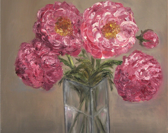 Flowers Peonies in Vase Wall Art Wall Decor Original Oil Painting 12 x 16 in