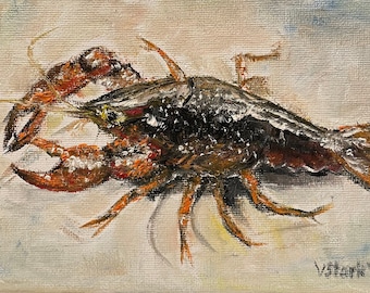 Crawfish Water Cold Blooded Animal Wall Art Original Oil Painting 5 x 7 in