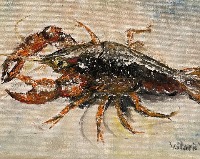 Crawfish Water Cold Blooded Animal Wall Art Original Oil Painting 5 x 7 in
