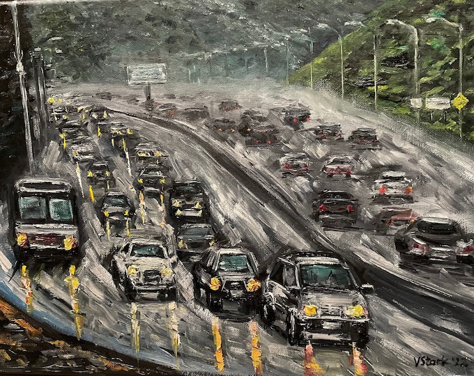 San Francisco Highway Cars Rainy Weather Road Wall Art Original Oil Painting 12x16 inches