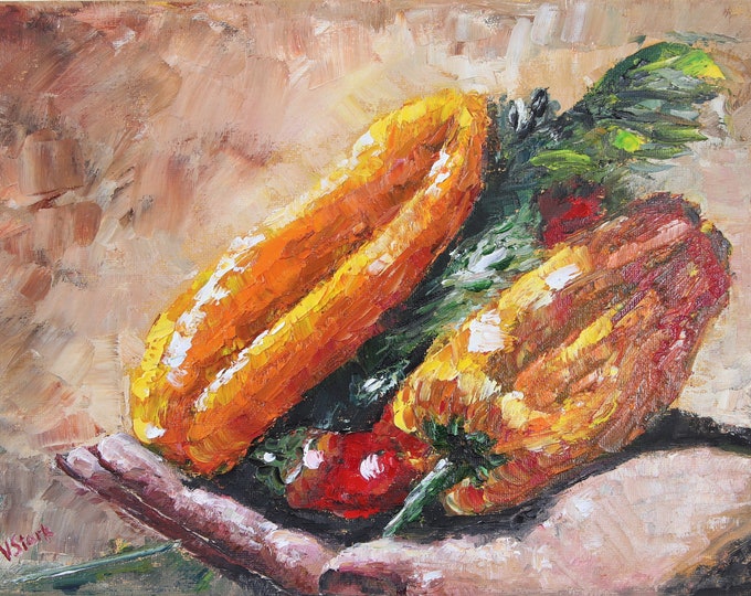 Bell Peppers Vegetables Impasto Wall Art Wall Decor Original Oil Painting 9x12 in