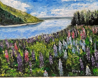 Flowers Landscape Scenery Seashore Wall Art Original Oil Painting 11 x 14 in