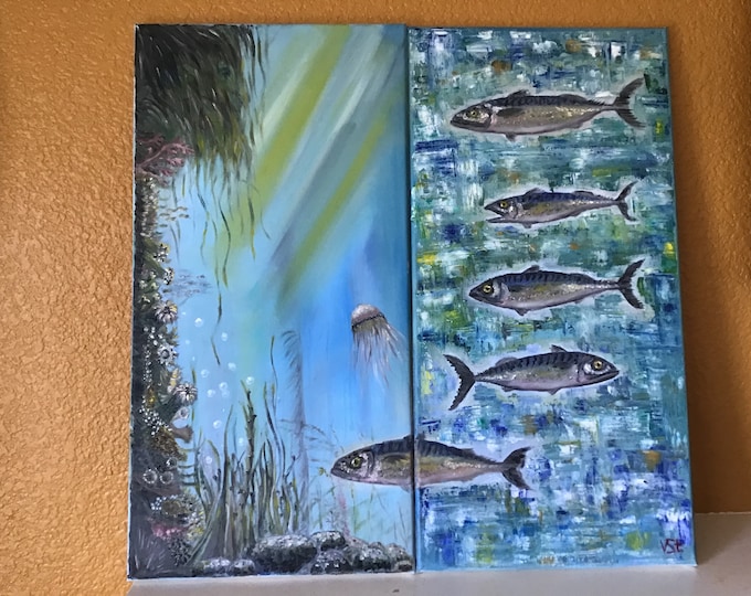 Fish Floating Fish Diptych Wall Art Original Oil Painting 10 x 20 in each