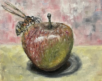 Apple and Wasp Wall Art Still Life Original Oil Painting 8X8 in