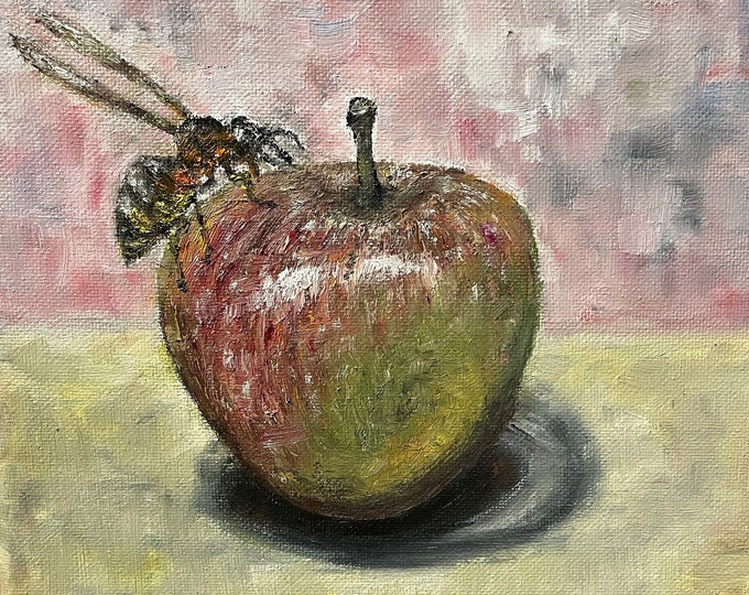 Apple and Wasp Wall Art Still Life Original Oil Painting 8X8 in