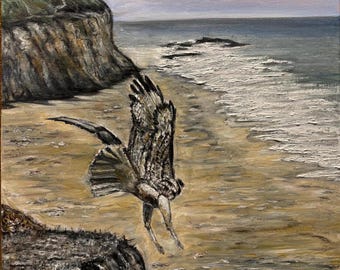 Half Moon Bay California Red Tail Hawk Bird of Prey Original Oil Painting Wall Art 16"X20"