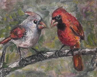 Cardinal Pair Original Oil Painting on Canvas Bird Wall Art Red Cardinals Small Nature Painting 8"x8" Textured Oil Artwork
