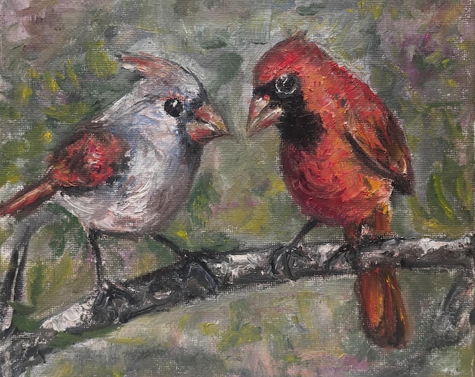 Cardinal Pair Original Oil Painting on Canvas Bird Wall Art Red Cardinals Small Nature Painting 8"x8" Textured Oil Artwork