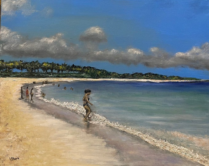 Summer Beach Waves Vacation People Swimmers Tropical View Wall Art Original Oil Painting 16 x 20 in
