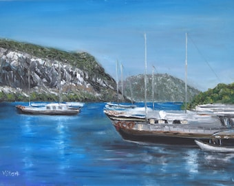 Sailboat Harbor Wall Art Wall Decor Original Oil Painting 12 x 16 in