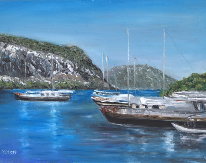 Sailboat Harbor Wall Art Wall Decor Original Oil Painting 12 x 16 in