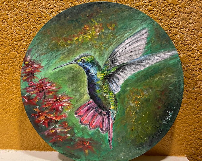 Hummingbird Original Round Oil Painting 12 in diameter