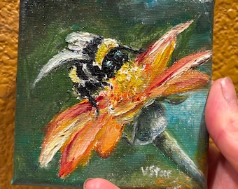 Bumblebee on Orange Flower Small Original Oil Painting 4"x4"