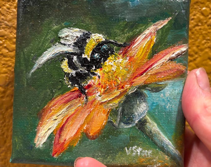 Bumblebee on Orange Flower Small Original Oil Painting 4"x4"