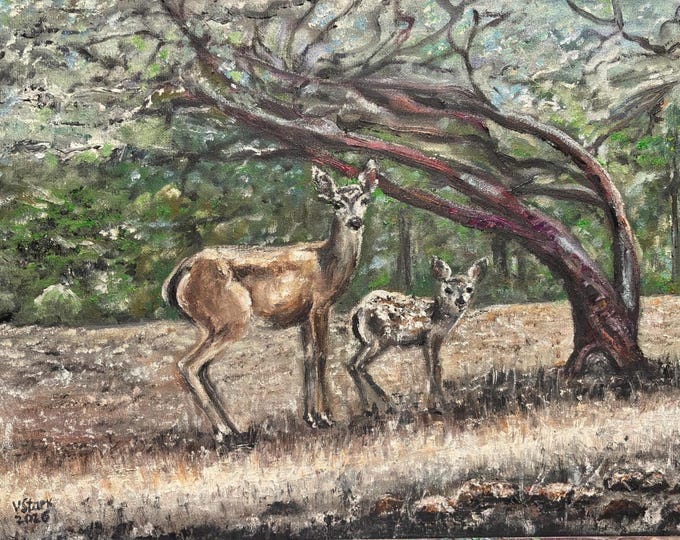 Deer Family Original Oil Painting, Pine Mountain Lake, Yosemite Wildlife Art, Manzanita Tree, California Landscape, 16"x12" canvas