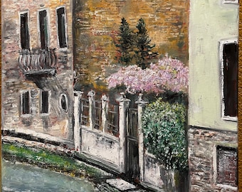 Venice Italy Blooming Trees Wall Art Original Oil Painting 16 x 20 in