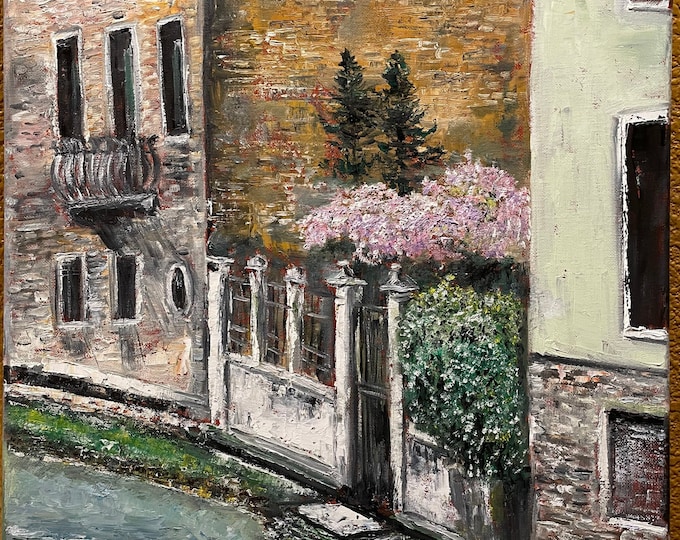 Venice Italy Blooming Trees Wall Art Original Oil Painting 16 x 20 in