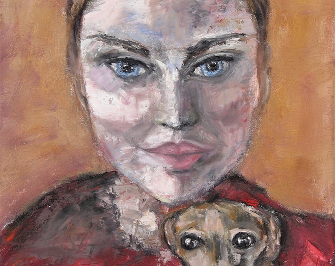 Woman Portrait Lady and Dog Portrait Wall Art Wall Décor Original Oil Painting 12x16 in