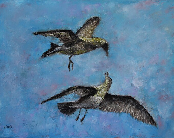 Two Birds Seagulls in the Sky Wall Art Wall Decor Original Oil Painting 18x24 in