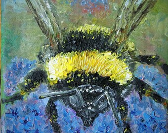 Bumblebee on Blue Flower Wall Art Original Oil Painting 5 x 5 in