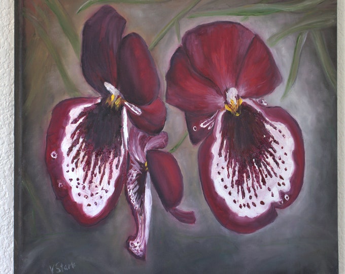 Orchid Maroon Flowers Wall Art Original Oil Painting 16 x 20 in
