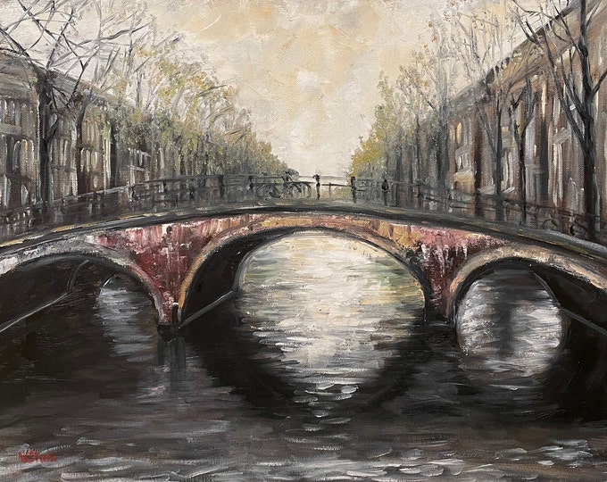 Amsterdam Bridge Europe Landscape Wall Art Original Oil Painting 16 x 20 in