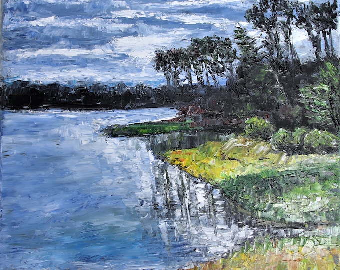 California Lake Water Landscape Wall Art Wall Décor Impasto Original Oil Painting 12x16 in