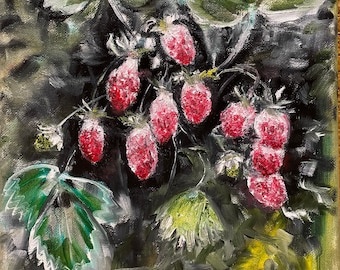 Wild Strawberry Bush Abstract Original Oil Painting Wall Art 9"x12"