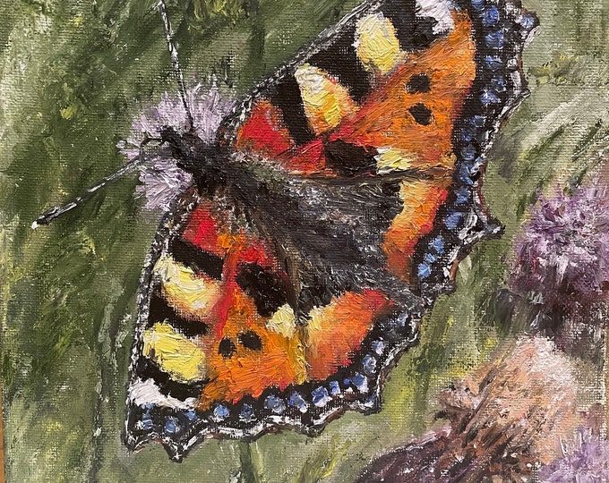 Butterfly Painted Lady Orange Black and White Butterfly Wall Art Original Oil Painting 8X10 in