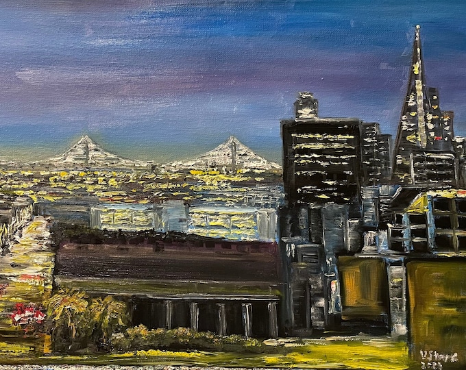 San Francisco at Night Bay Bridge Wall Art Original Oil Painting 12x24 in