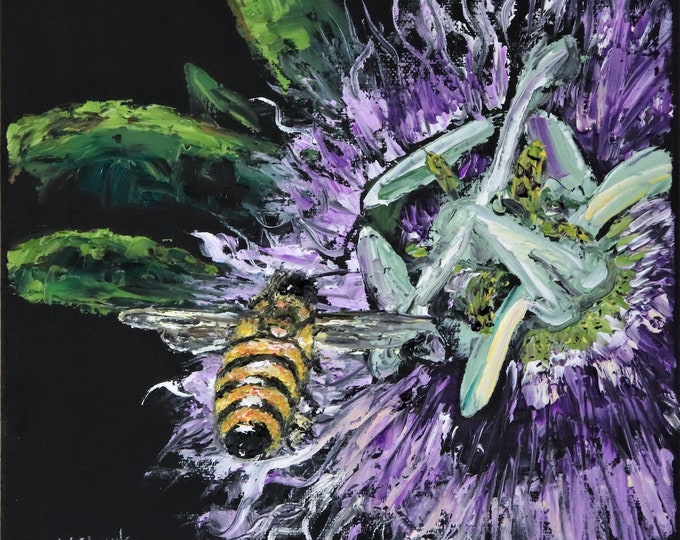 Honey Bee on Passion Flower Wall Art Original Oil Painting 10 x 10 in