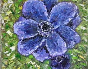 Blue Flower Anemone Flowers Wall Art Original Oil Painting 8x10 in