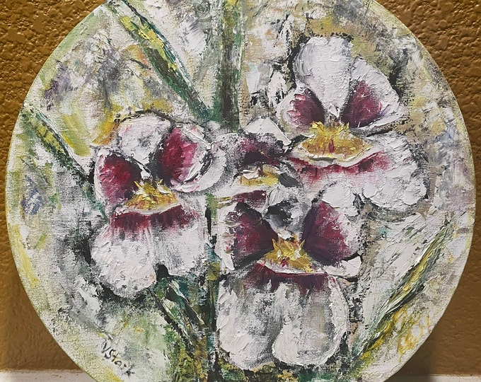 White and Purple Orchids Wall Art Original Oil Painting 12 in diameter
