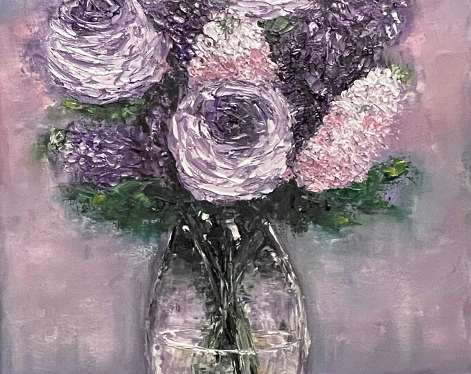 Purple Flowers in Vase Impasto Wall Art Wall Décor Original Oil Painting 12 x 16 in