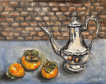 Original Still Life Painting Silver Teapot & Persimmons Classic Realism Warm Vintage Aesthetic Wall Art 14"x11"