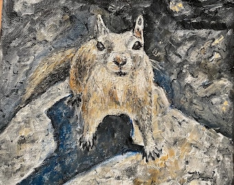 Squirrel on a Rock Wall Art Original Oil Painting 8"X8"
